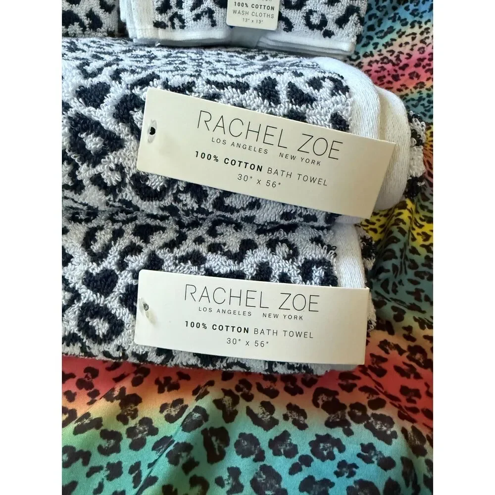 Rachel Zoe reversable Leopard Print Bath Towel Set NWT 100% Cotton Black White